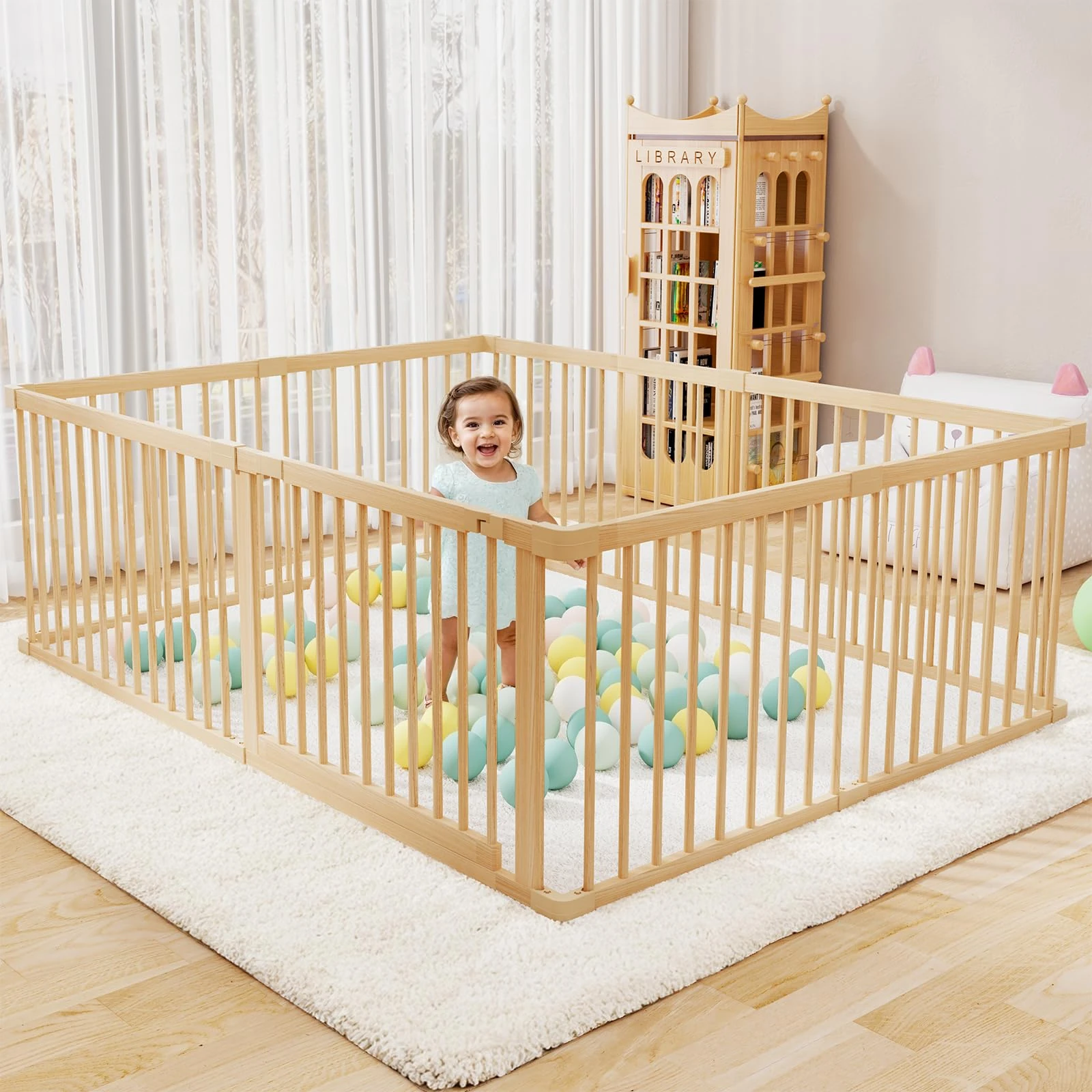JimberBay Wooden Baby Playpen - 80x71x24 Inches, 2X-Large Size Adjustable Pine Wood Toddler Playard for Babies and Toddlers with Safety Gate, Easy Assembly Child Fence