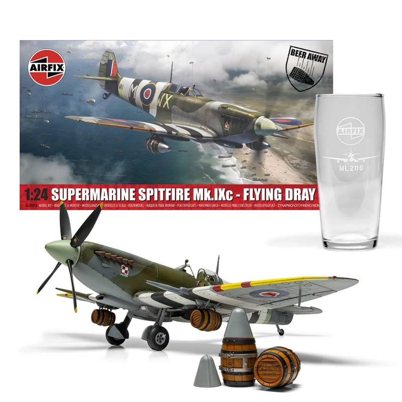 Airfix Model Set - A17001A Supermarine Spitfire Mk.IXc - Flying Dray Model Aircraft Kit - Plastic Plane Kits for Adults, Set Includes Special Edition Pint Glass - 1:24 Scale