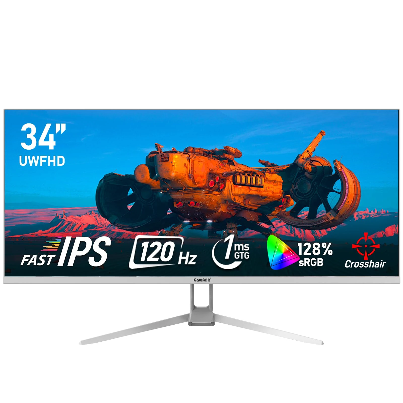 Gawfolk 34 Inch IPS Ultrawide 120Hz Gaming Computer Monitors, 21:9 UWFHD (2560x1080) PC Screen, 128% sRGB, Adaptive Sync, 178° Viewing Angle, Display Port, HDMI, Compatible with Wall mounting - White