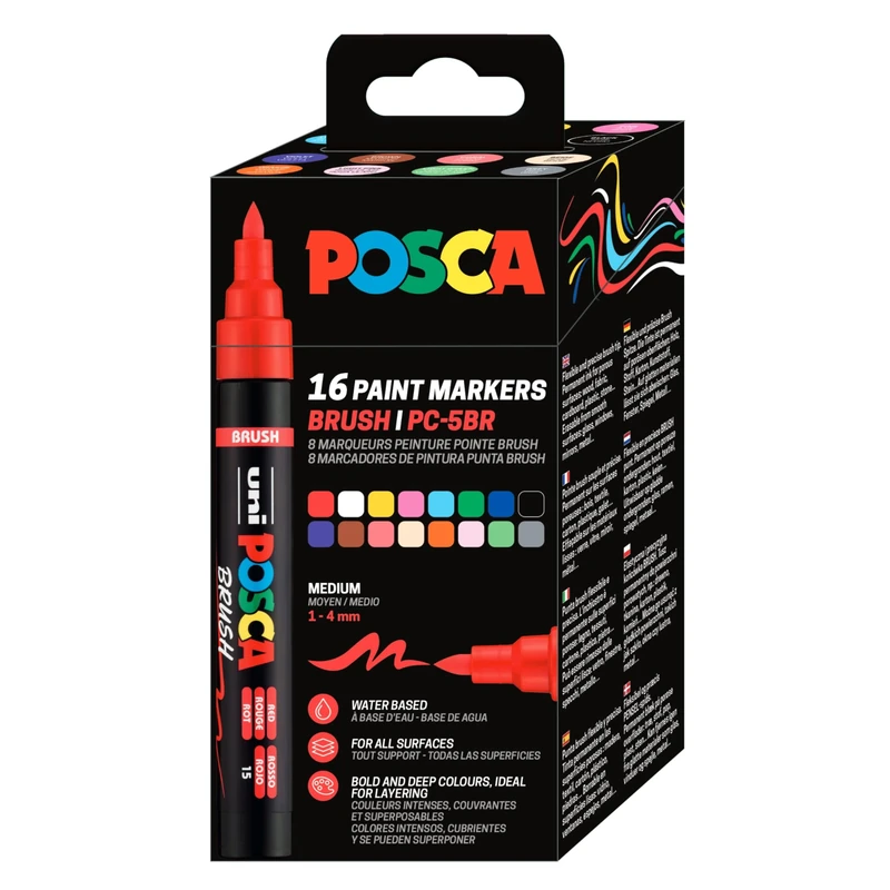POSCA Mitsubishi Pencil - Pocket 16 Marqueurs PC5BR - Pointe Brush Moyenne, Semi-Flexible - Peinture à Base d'Eau - Tout Support - Couleurs Assofties