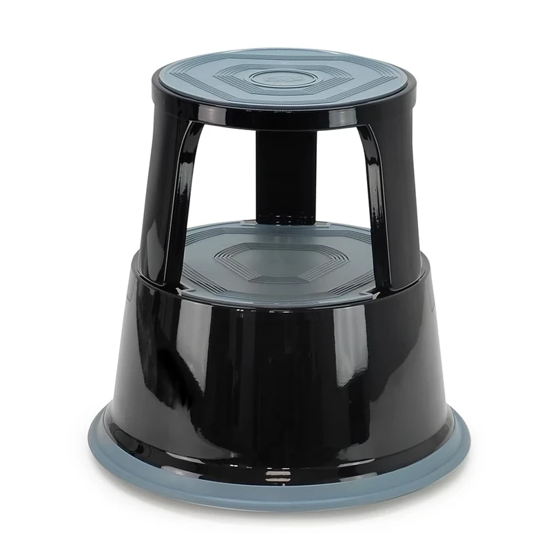 Heavy Duty Metal Rolling Stool – 2 Non-Slip Steps, Self-Locking Castors – Height 43 cm, Load 150 kg, TÜV/GS Safety, Black/Grey
