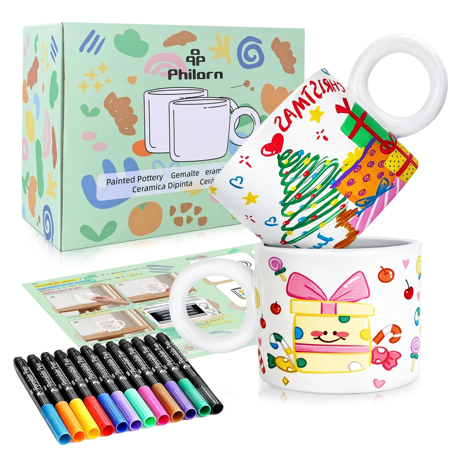 Philorn Mug Painting Kit Double Pottery Painting Set Ceramic Personalised Gift Mug Kit Personalised Gift Mug Set for Adults Child 2 Mugs 12 Non-Toxic Ceramic Markers and Inspiration Guide