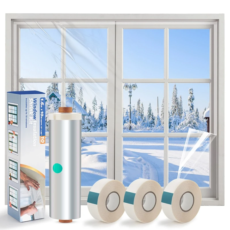 Window Insulation Kit – Clear POF Shrink Film 1.6m x 10m with 3 Rolls Double-Sided Tape | Draught Excluder for Winter, Reduces Heat Loss & Condensation | Fits Most Windows