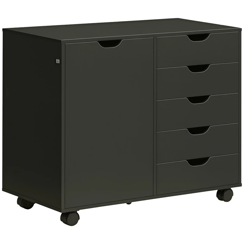 HOMCOM Mobile Desk Cabinet with 5 Drawers and 1 Door, Adjustable Shelf, Office Storage Unit, Rolling Storage Box, for Documents and Stationery, 78 x 40 x 66.5 cm, Black