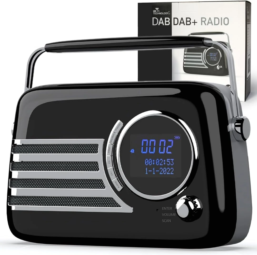 Portable DAB/DAB+ Radio, Bluetooth Speaker, Portable Radio, Retro DAB, Radios Mains and Battery, Rechargeable Battery, Large Dial, Vintage, AUX, USB Plug in