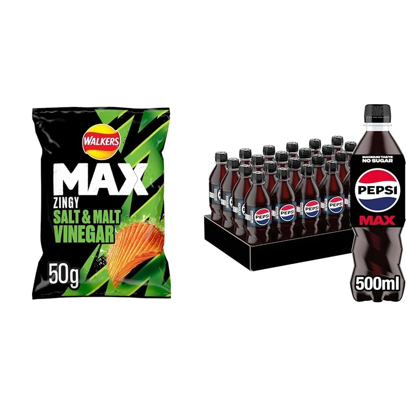 Walkers Max Salt & Vinegar Crisps Case, 50 g, Pack of 24