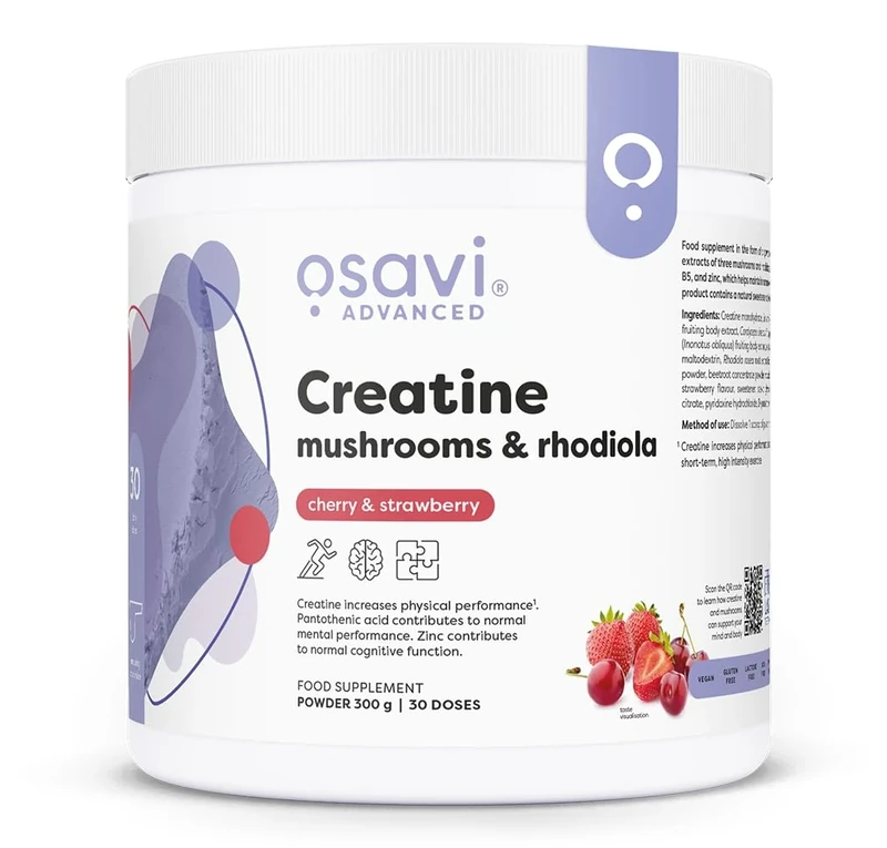 Osavi Creatine + Mushrooms & Rhodiola – 300 g Powder | Cherry & Strawberry | with Lion’s Mane, Cordyceps & Chaga | Increases Performance in Short Bursts of high Intensity Exercise | B6, B5, Zinc - Image 1