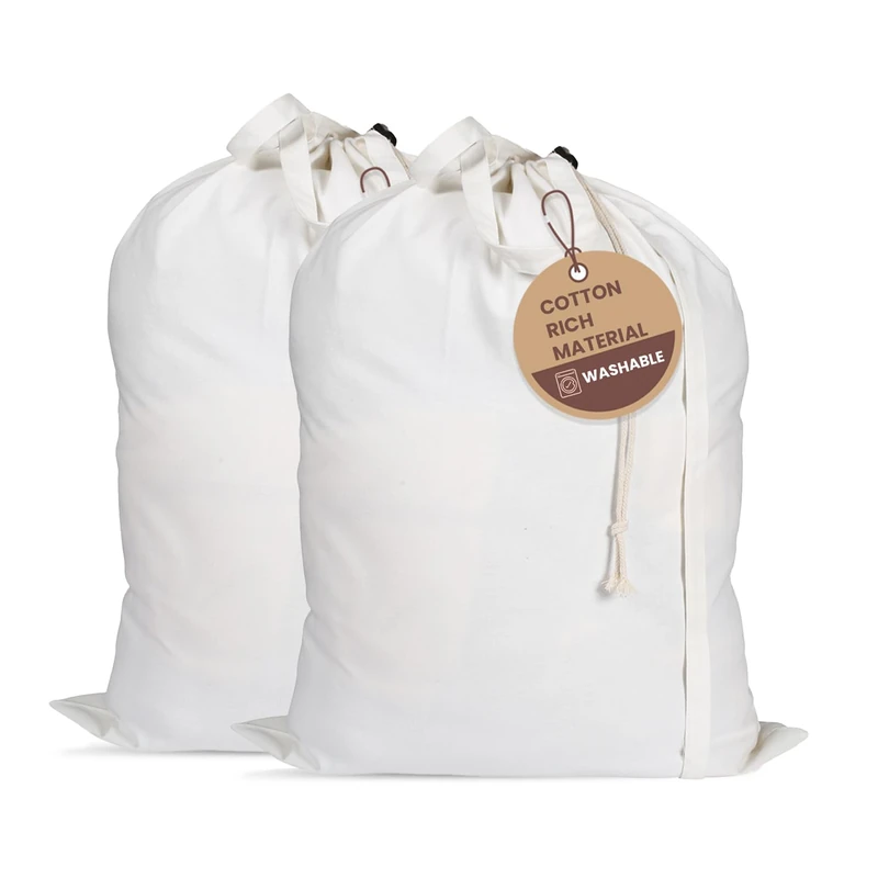 LFH Home Cotton Canvas Large Laundry Bag with Handle, Heavy Duty Drawstring Closure Washable Laundry Bags, School Travel, Home, Hotel, College Dorm, Organizer Sack, Toy Clothes 28x36 (Pack of 2)-White