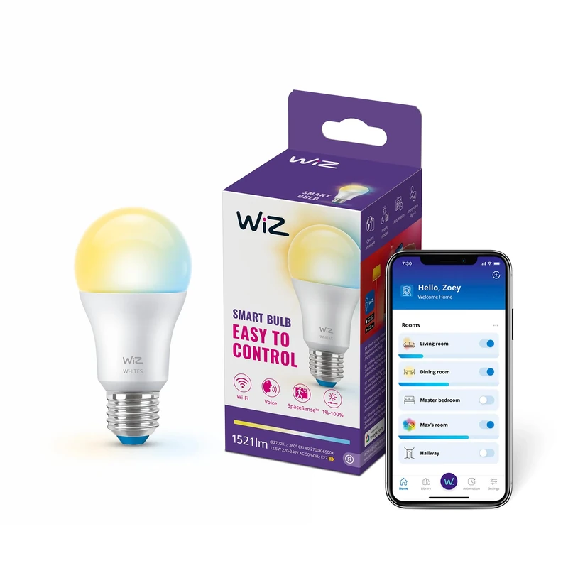 WiZ Smart LED A60 Bulb, Tunable White, E27 Base, 100W, 2200-6500K, 1521 Lumens, Dimmable, Works with Alexa, Google Assistant, and Apple Home, 1 Pack