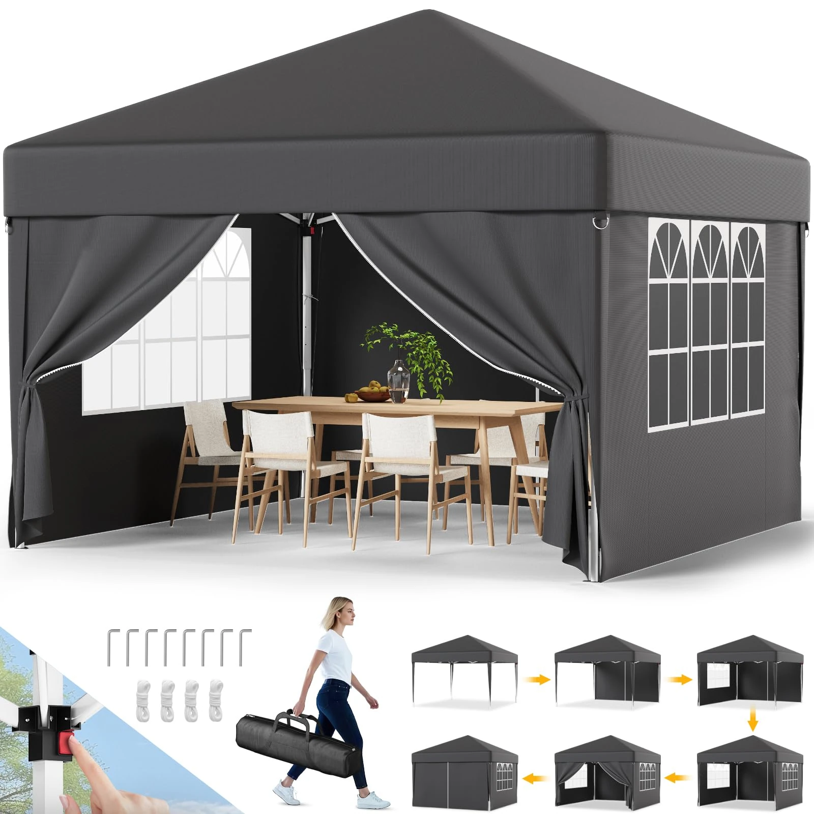 Devoko 3m x 3m Pop Up Garden Gazebo with Sides, Easy Setup Waterproof Marquee Tent with 4 Removable Panels, UV 50+ Canopy, Adjustable Height, Folding Outdoor Shelter for Camping, Events, Grey