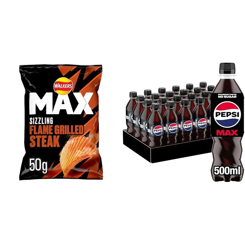 Walkers Max Flame Grilled Steak Crisps, 50 g, Pack of 24