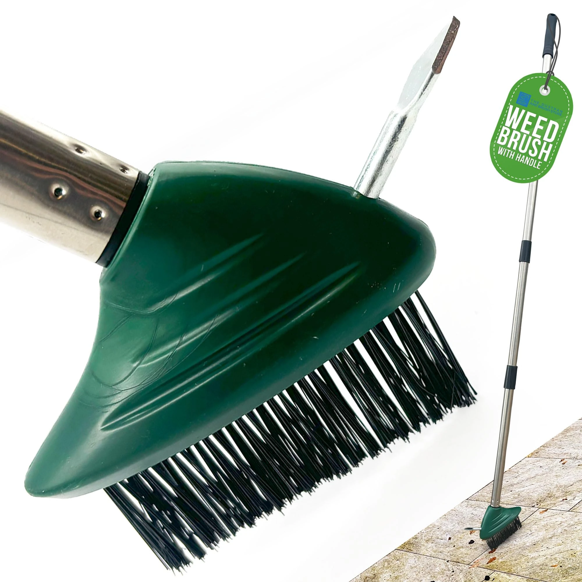 Angled Weed Remover Tool Brush Long Handle with Built-In Weed Scraper Tool, Moss Remover Patio Brush, Metal Bristles for Removing Moss, Ideal for Garden, Driveway, and Block Paving Patio Cleaner