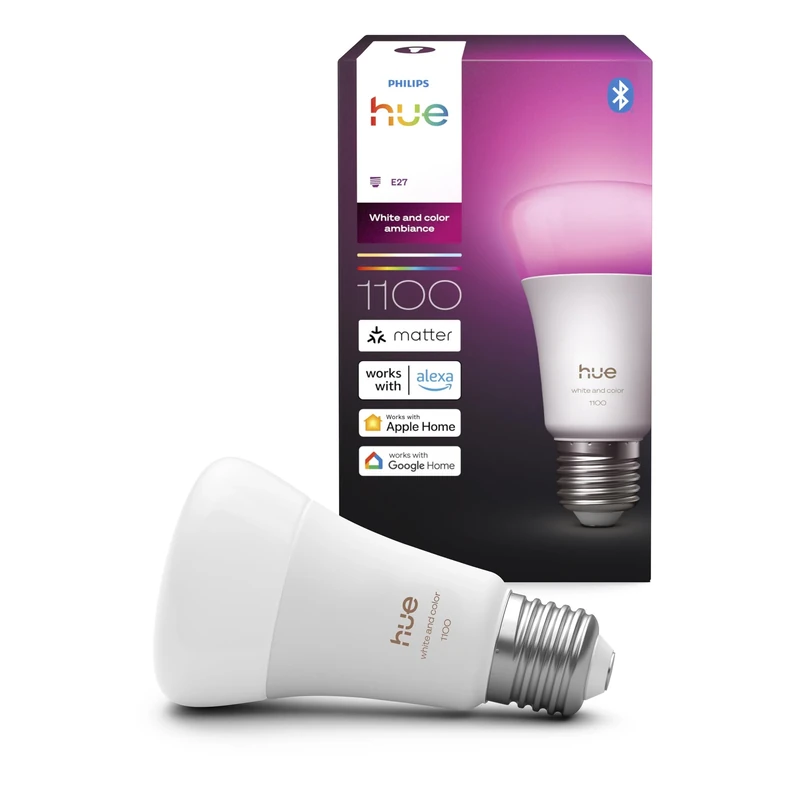 Philips Hue Smart LED A60 Bulb, White and Color Ambiance, E27 Base, 8.1W, Full Spectrum Light 1000K-20000K, 1100 Lumens, Dimmable, Works with Alexa, Google Assistant, and Apple Home, 1 Pack