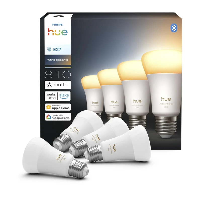 Philips Hue Smart LED A60 Bulb, White Ambiance, E27 Base, 6W, Full Spectrum Light 1000K-20000K, 810 Lumens, Dimmable, Works with Alexa, Google Assistant, and Apple Home, 4 Pack