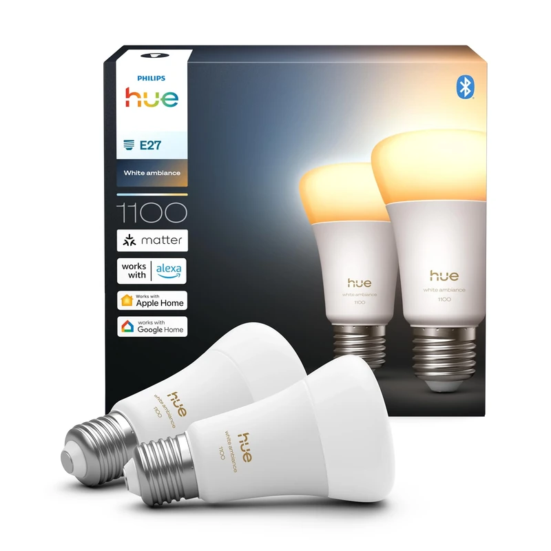 Philips Hue Smart LED A60 Bulb, White Ambiance, E27 Base, 8.1W, Full Spectrum Light 1000K-20000K, 1100 Lumens, Dimmable, Works with Alexa, Google Assistant, and Apple Home, 2 Pack