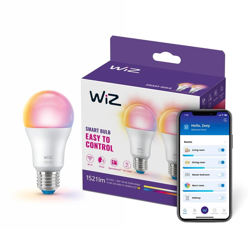 WiZ Smart LED A60 Bulb, Tunable White and Full Color, E27 Base, 100W Equivalent, 2200-6500K, 1521 Lumens, Dimmable, Works with Alexa, Google Assistant, and Apple HomeKit, 2 Pack