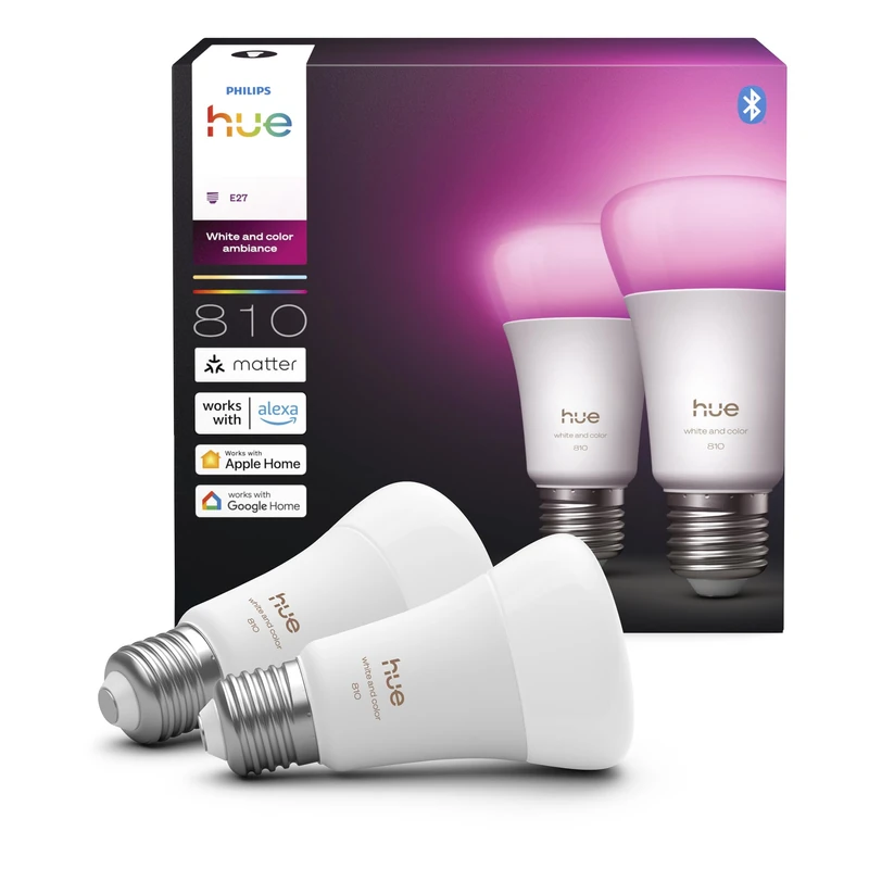 Philips Hue Smart A60 LED Bulb, White and Color Ambiance, E27 Base, 6W, Full Spectrum Light 1000K-20000K, 810 Lumens, Dimmable Mood Lighting, Smart Lighting Works with Alexa, Google, and Apple, 2 Pack