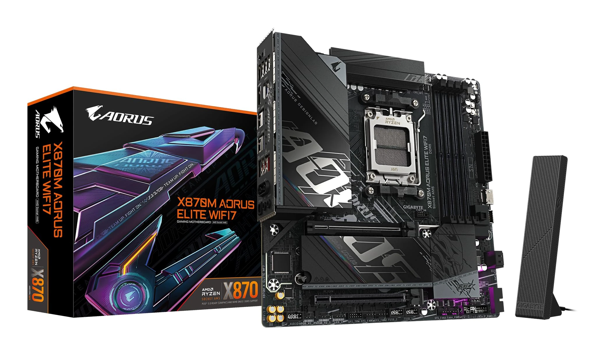 GIGABYTE X870M AORUS ELITE WIFI7 Motherboard - Supports AMD Ryzen 9000 CPUs, 14+2+2 Phases Digital VRM, up to 8200Hz DDR5 (OC), 1xPCIe 5.0 + 1xPCIe 4.0, Wi-Fi 7, 2.5 GbE LAN, USB 4