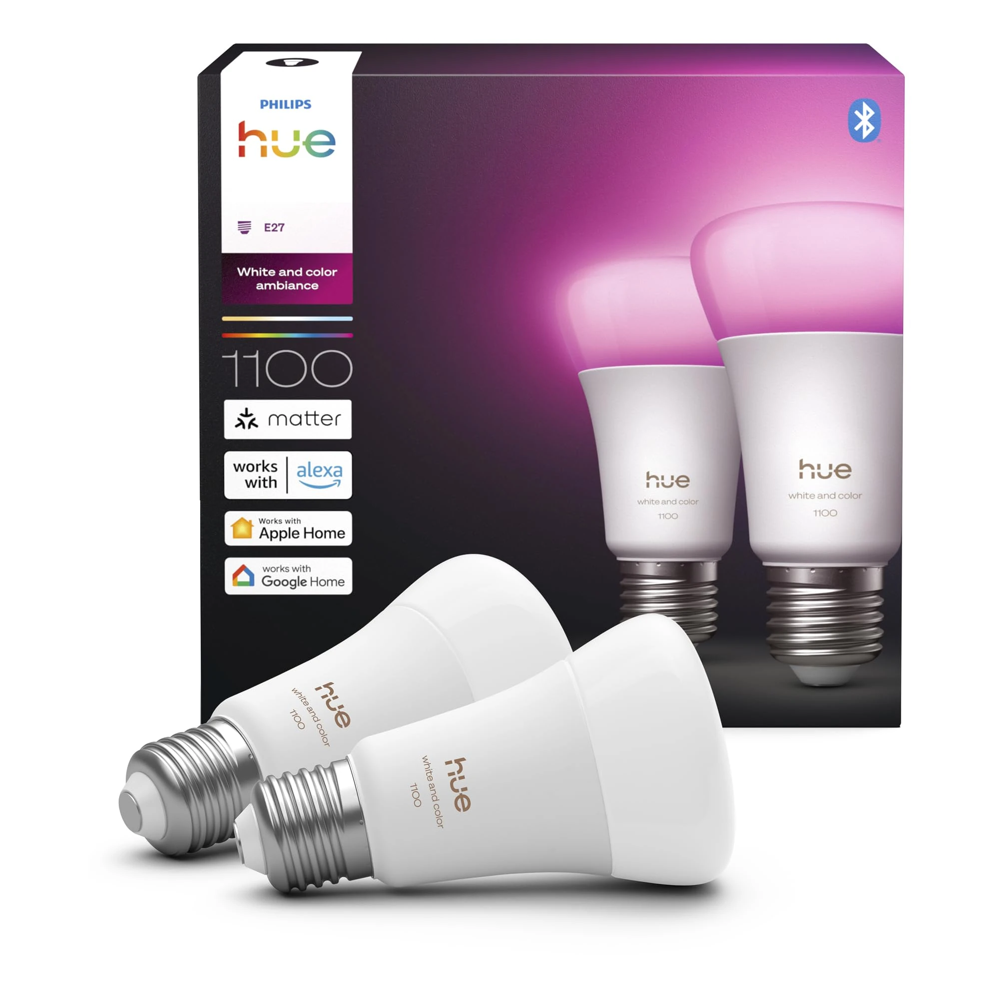 Philips Hue Smart LED A60 Bulb, White and Color Ambiance, E27 Base, 8.1W, Full Spectrum Light 1000K-20000K, 1100 Lumens, Dimmable, Works with Alexa, Google Assistant, and Apple Home, 2 Pack