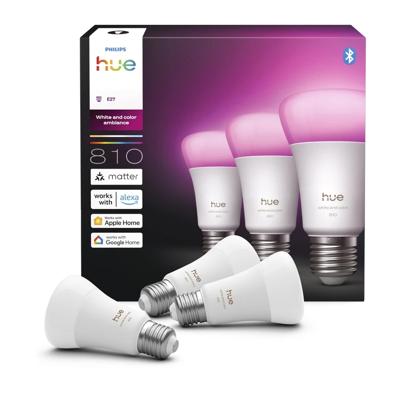 Philips Hue Smart LED A60 Bulb, White and Color Ambiance, E27 Base, 6W, Full Spectrum Light 1000K-20000K, 810 Lumens, Dimmable, Works with Alexa, Google Assistant, and Apple Home, 3 Pack