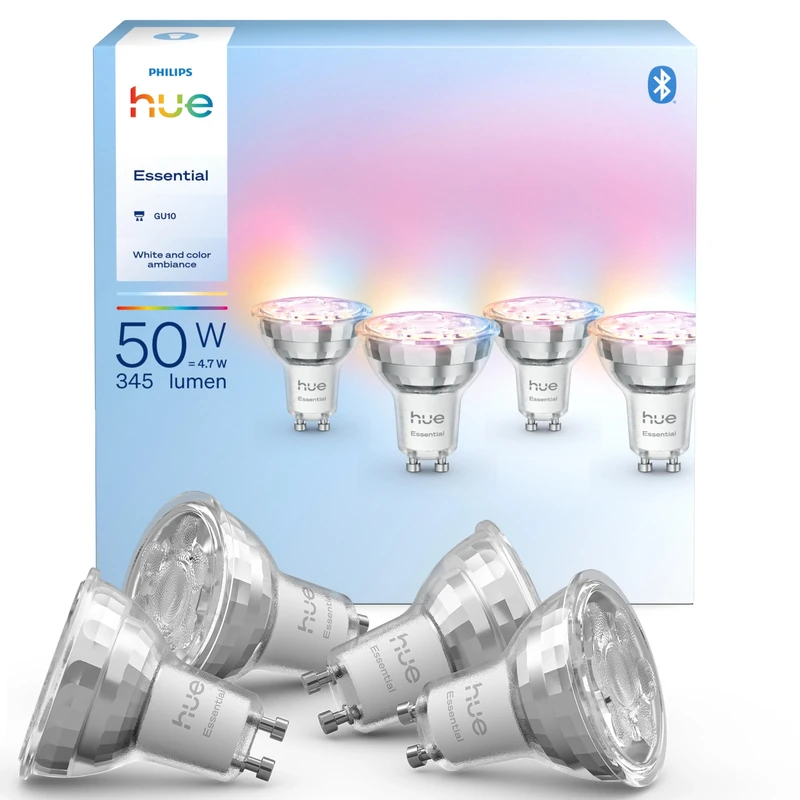 Philips Hue Essential Smart LED GU10 Spotlight Bulb, White and Color Ambiance, 4.7W, 2200K-6500K, 345 Lumens, Dimmable, Works with Alexa, Google Assistant, and Apple Home, 4 Pack