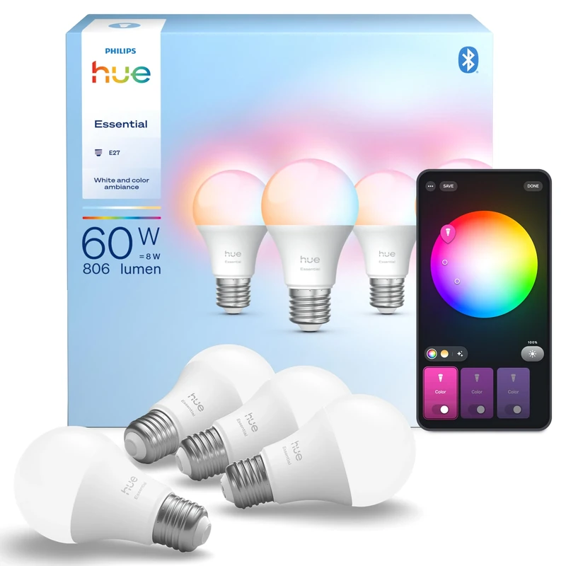 Philips Hue Essential Smart LED A60 Bulb, White and Color Ambiance, E27 Base, 8W, 2200K-6500K, 806 Lumens, Dimmable, Works with Alexa, Google Assistant, and Apple Home, 4 Pack
