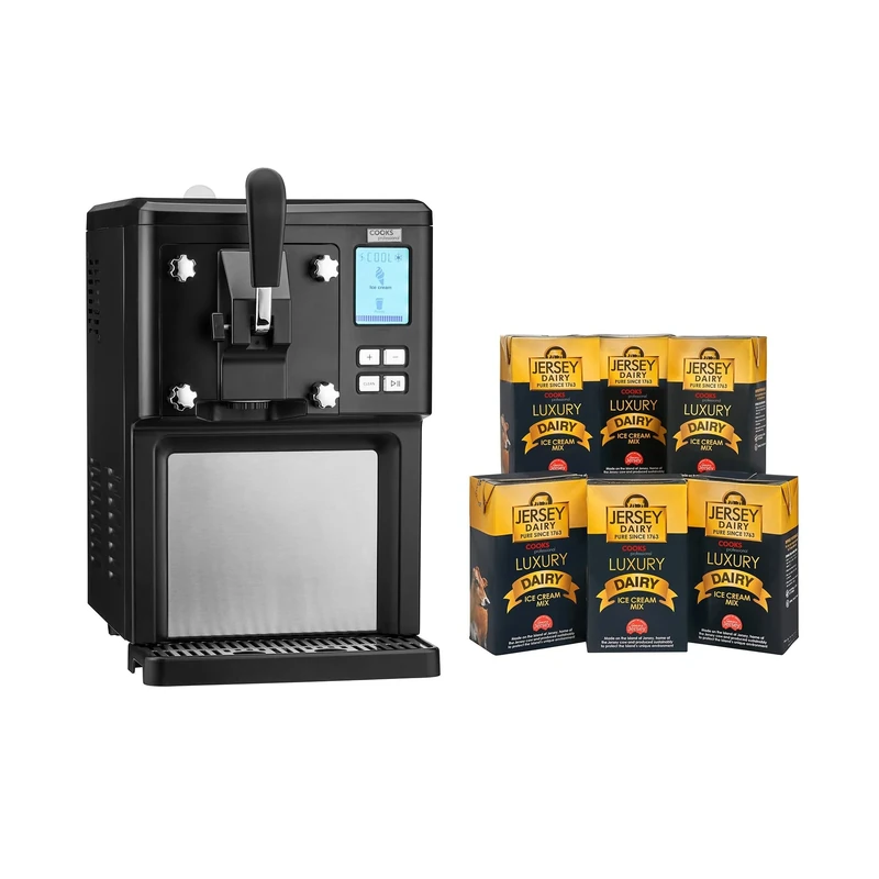 Cooks Professional Luxury Soft Serve Ice Cream Maker | 1.5L | Self-Cooling Compressor | Auto Cleaning | Digital Display | Perfect for Whippy Sundaes & Desserts | Includes 6 x 1L Luxury Jersey Mix