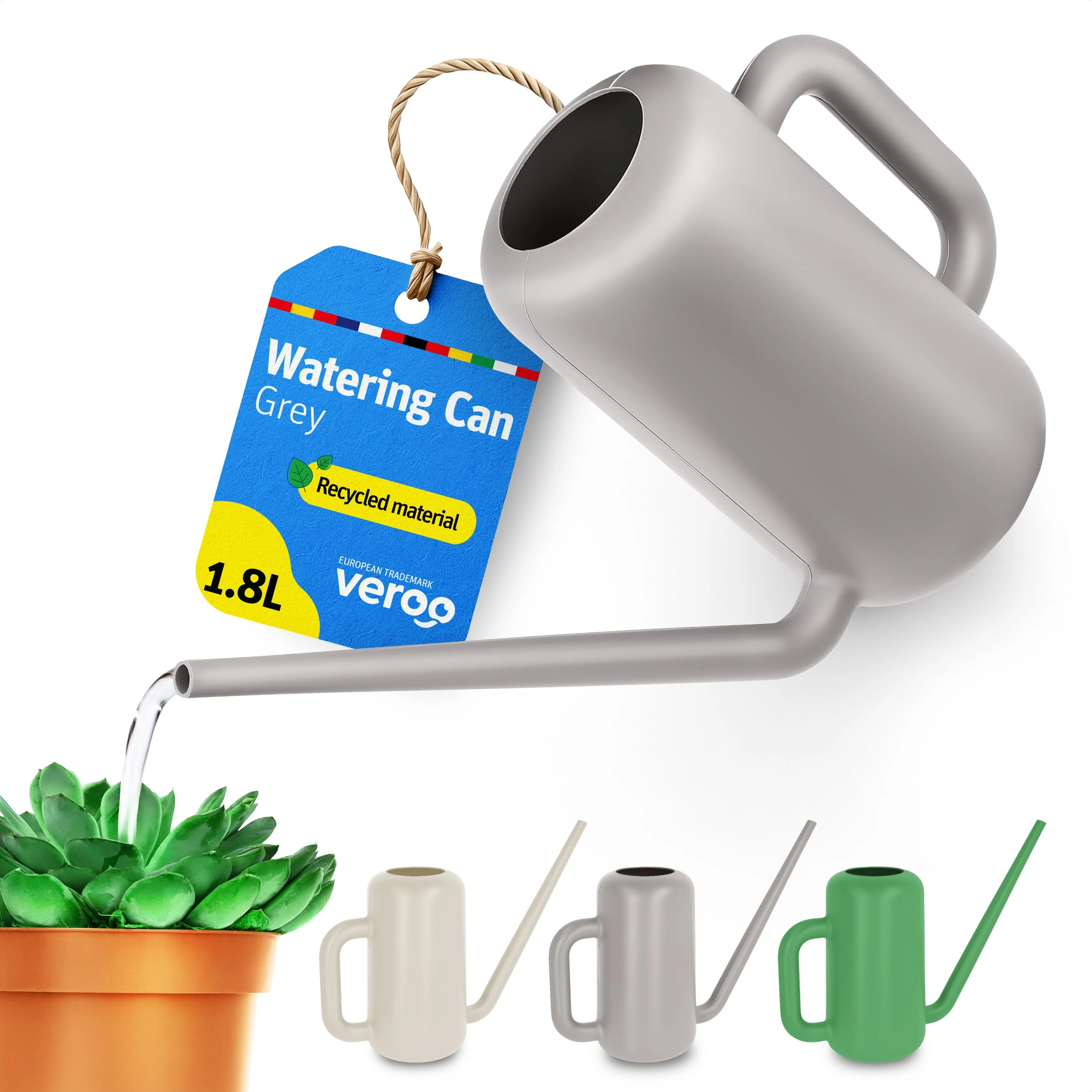 VEROO Small Indoor Watering Can for House Plants 1.8L, Made of Recycled Plastic, with Long Spout for Easy Watering (Grey)