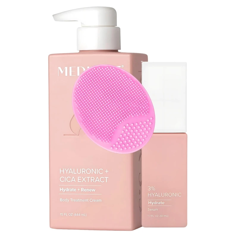 MED Hyaluronic Acid Body Moisturiser Set– Body Cream (444ml) + Hydrating Serum Booster (50ml) with Facial Cleansing Brush– Skincare for Dry, Crepey & Aging Skin– Vegan. Cruelty-Free + Prosperina Card