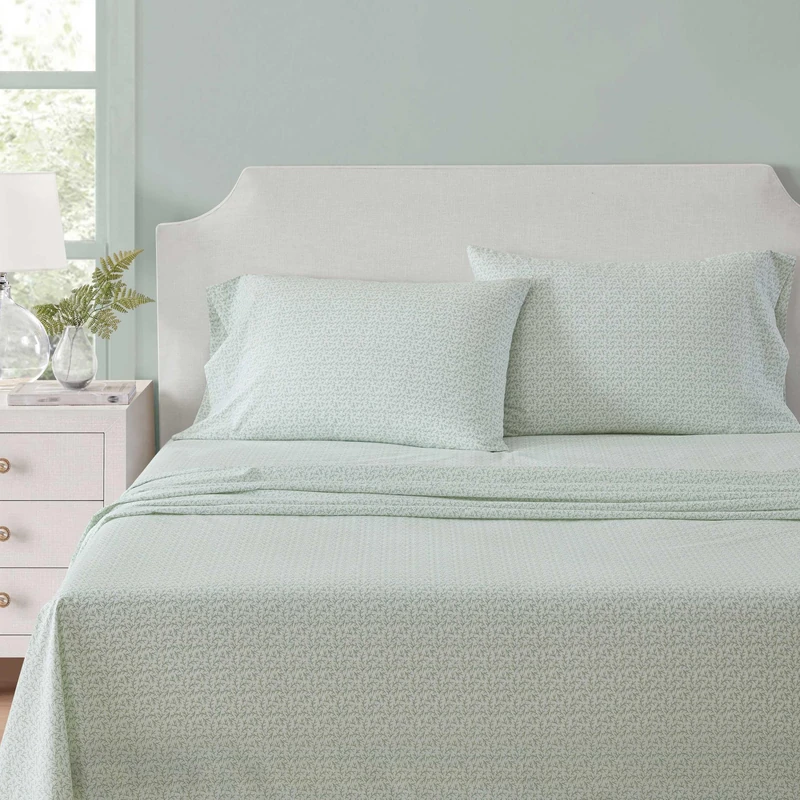 Martha Stewart - Full Size Sheets Set, Crisp & Tailored Cooling Sheets w/a Naturally Smooth Cotton Percale Lightweight Feel - Bed Sheets with Matching Pillowcases & Fitted Sheet (Leaves Green)