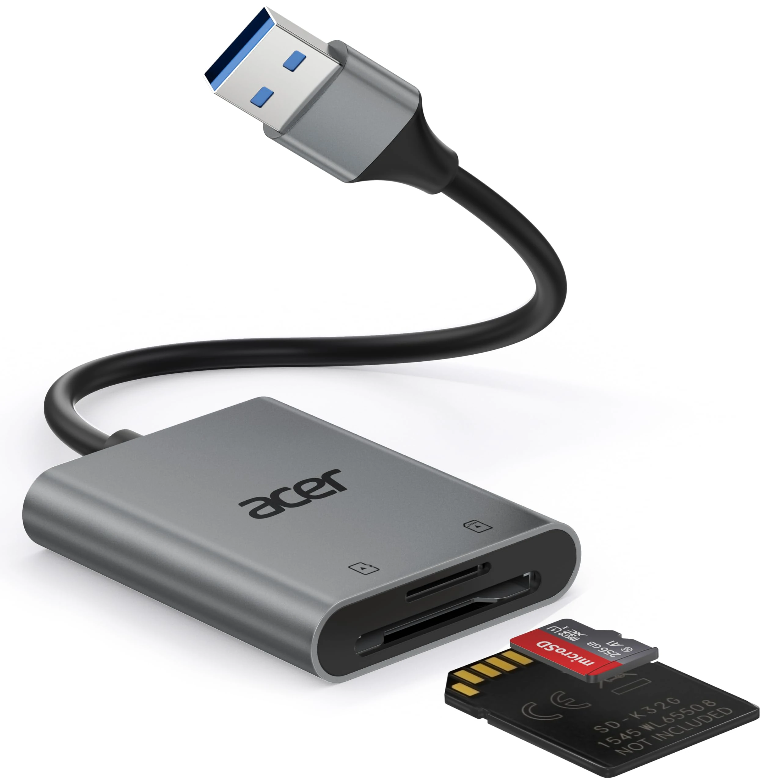 Acer SD Card Reader USB 3.0 with Cable, Aluminum Camera Memory Card Reader UHS-I, USB-A micro SD Adapter High Speed, Compatible with SDXC, micro SDHC, TF, RS-MMC, Computer, PC, Laptop, Trail Camera