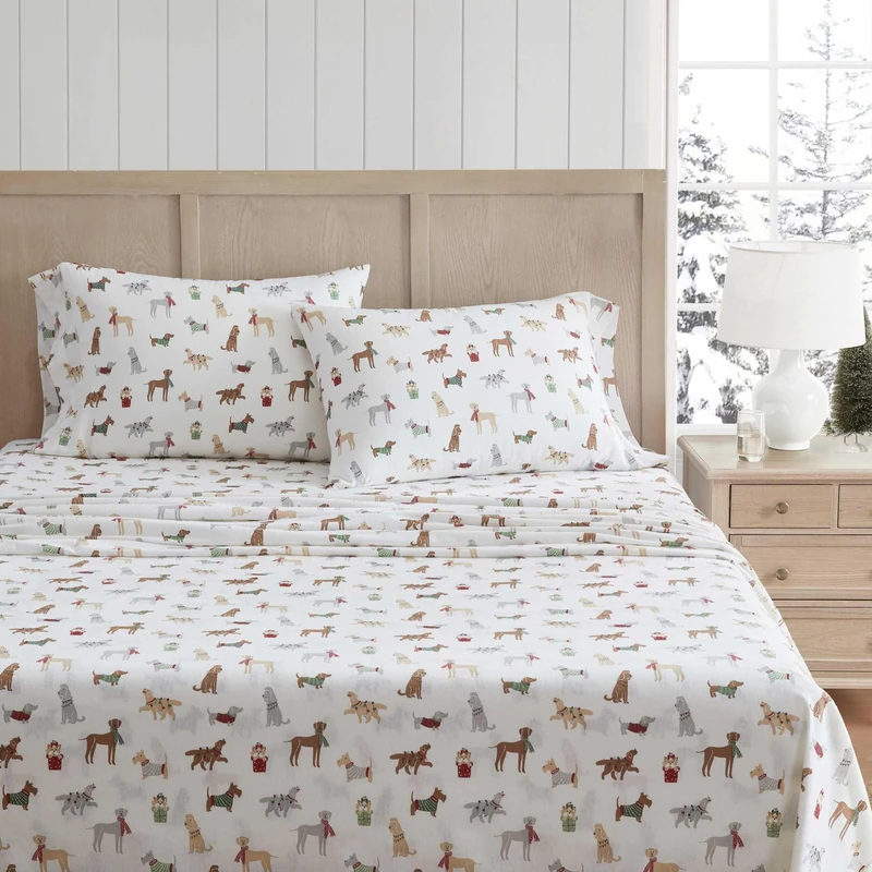 Martha Stewart - Flannel Sheets Queen Size, Anti-Pilling & Wrinkle Resistant Cotton, Touchably Soft for All-Season Comfort - Bed Sheets with Matching Pillowcases & Fitted Sheet (Holiday Pups Brown) - Image 1