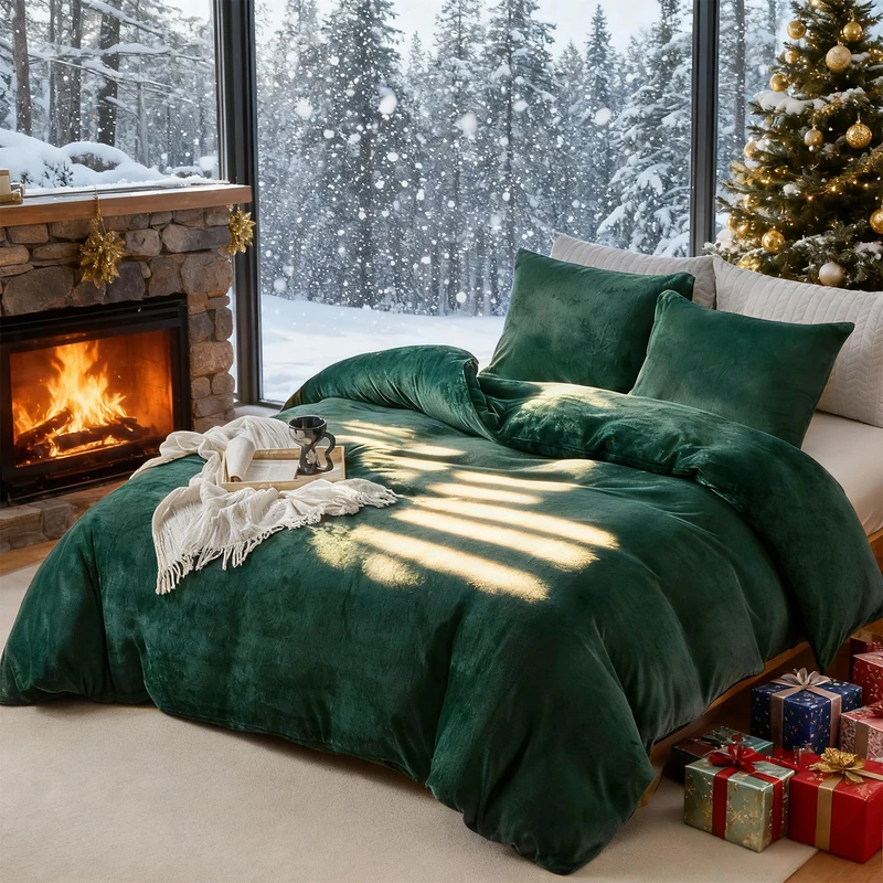 WARMDERN Emerald Green Milk Velvet Duvet Cover Set King Size, 104" x 90"