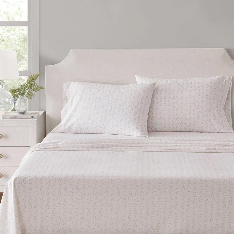 Martha Stewart - Queen Size Sheets Set, Crisp & Tailored Cooling Sheets w/a Naturally Smooth Cotton Percale Lightweight Feel - Bed Sheets with Matching Pillowcases & Fitted Sheet (Ditsy Vine Pink)