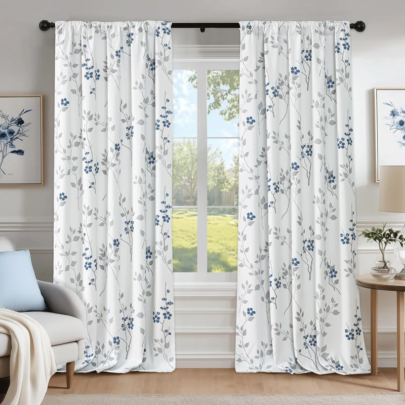 Beauoop Floral 100% Blackout Curtains for Bedroom Blue Grey 52X84 2 Panels