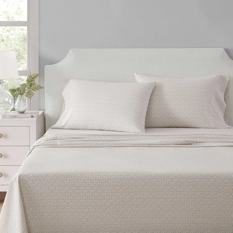 Martha Stewart - Full Size Sheets Set, Crisp & Tailored Cooling Sheets w/a Naturally Smooth Cotton Percale Lightweight Feel - Bed Sheets with Matching Pillowcases & Fitted Sheet (Leaves Beige)