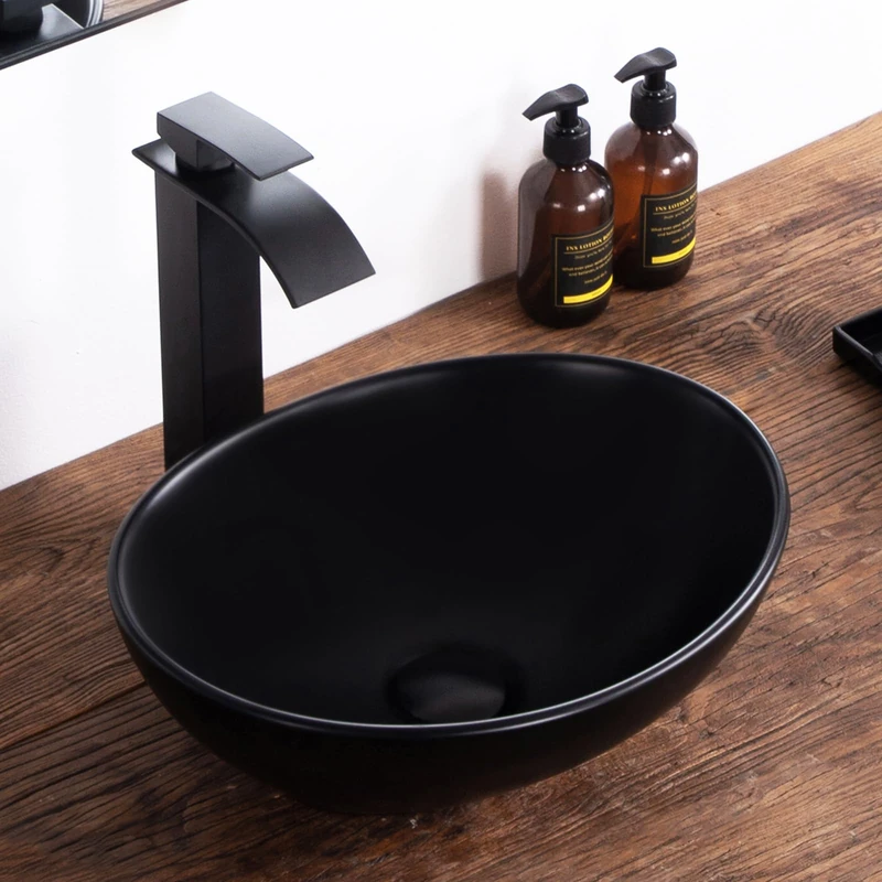 KDKSC Bathroom Vessel Sink 16"x13" Matte Black Oval Bathroom Sink Egg Shape Porcelain Ceramic Modern Above Counter Vanity Sinks