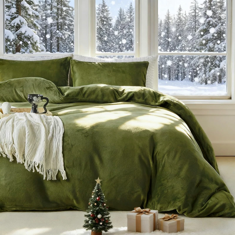 WARMDERN Olive Green Milk Velvet Duvet Cover Set Super King Size