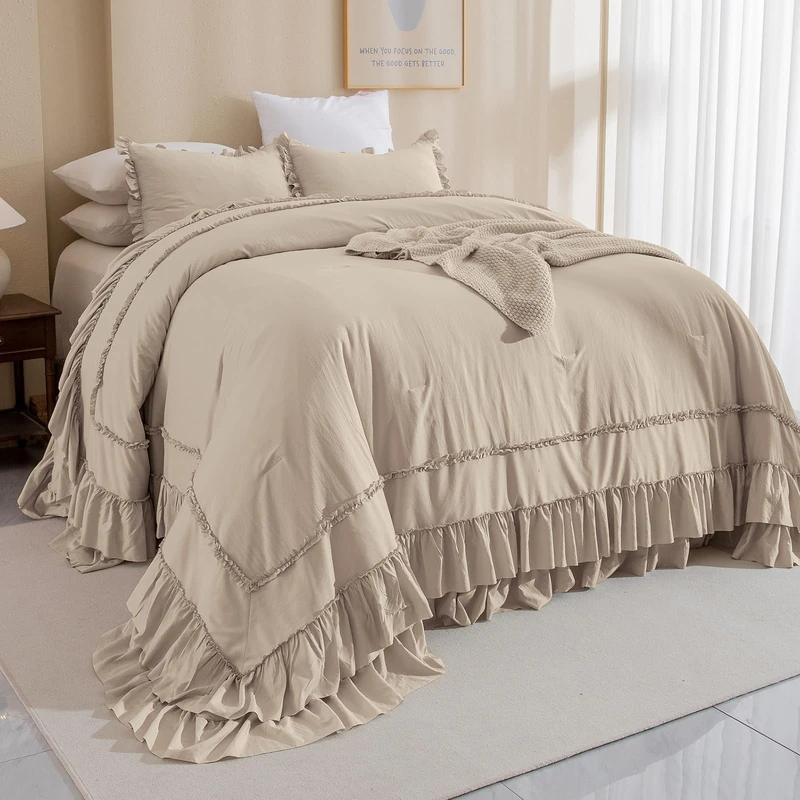 Masaca Ruffled Oversized King Comforter 120x98,Farmhouse Shabby Boho Chic Ruffle California King Comforter Set 3 Pieces French Country Vintage Rustic Bedding for All Season