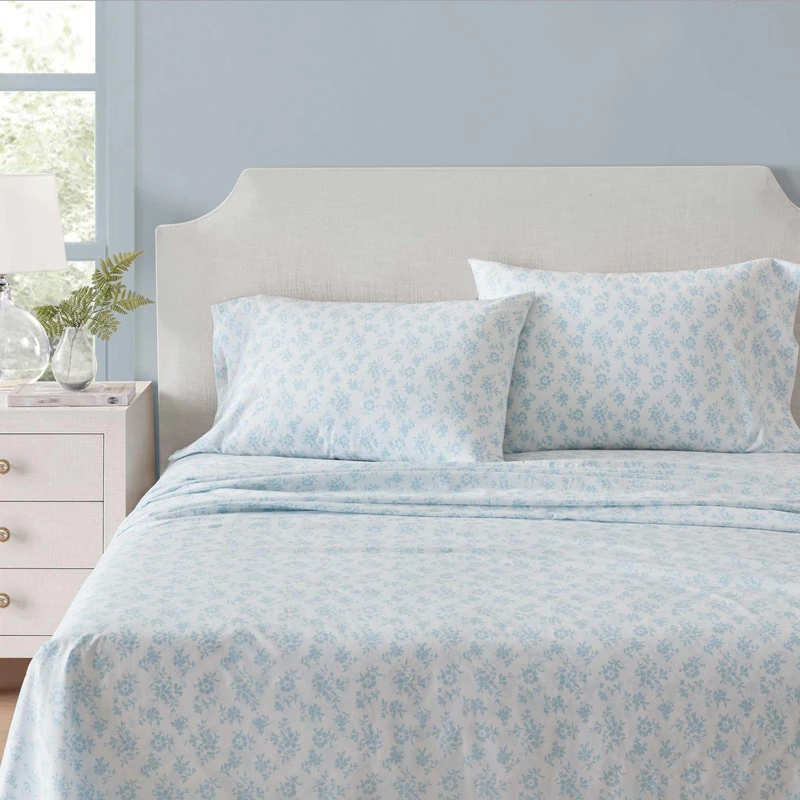 Martha Stewart - King Size Sheets Set, Crisp & Tailored Cooling Sheets w/a Naturally Smooth Cotton Percale Lightweight Feel - Bed Sheets with Matching Pillowcases & Fitted Sheet (Floral Blue)
