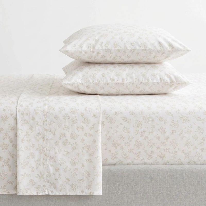 Martha Stewart - Full Size Sheets Set, Crisp & Tailored Cooling Sheets w/a Naturally Smooth Cotton Percale Lightweight Feel - Bed Sheets with Matching Pillowcases & Fitted Sheet (Floral White)