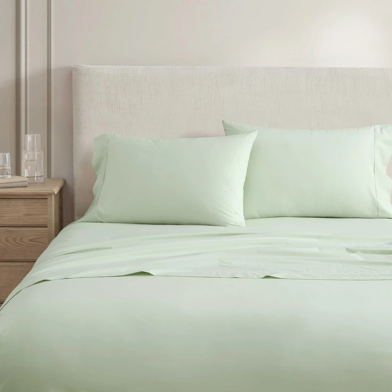 Martha Stewart - Queen Size Sheets Set, Crisp & Tailored Cooling Sheets w/a Naturally Smooth Cotton Percale Lightweight Feel - Matching Pillowcases & Fitted Sheet (Skylands Solid Green)