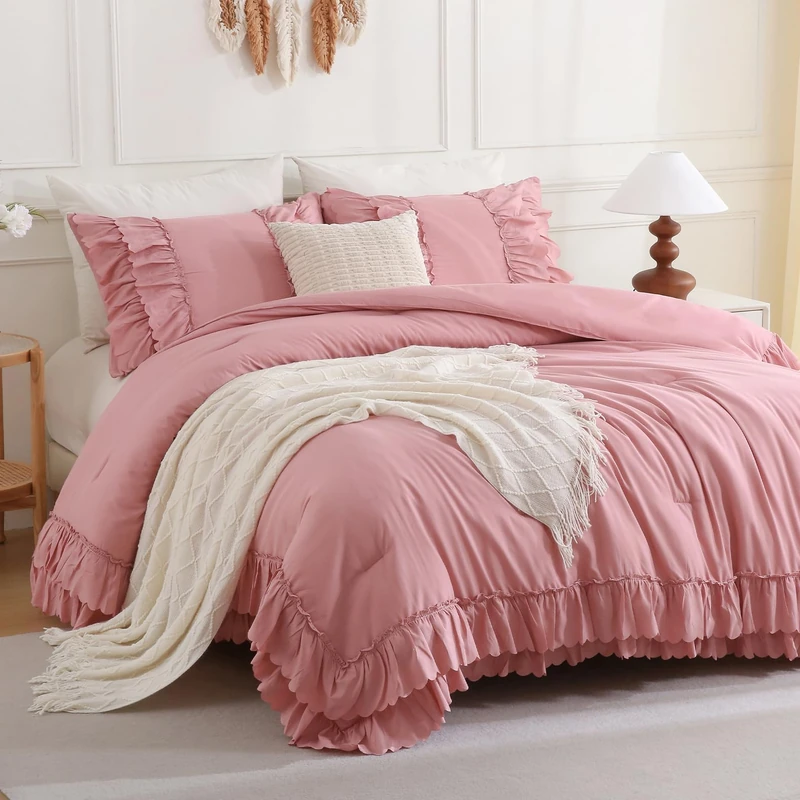 Herside Bean Pink Ruffle Comforter Set Queen Size,Shabby Chic Boho Bedding Sets, Soft Fluffy Comforters Sets for All Season,Vintage Ruffled 3 Pcs Microfiber Lightweight Quilt Set for Women Girls