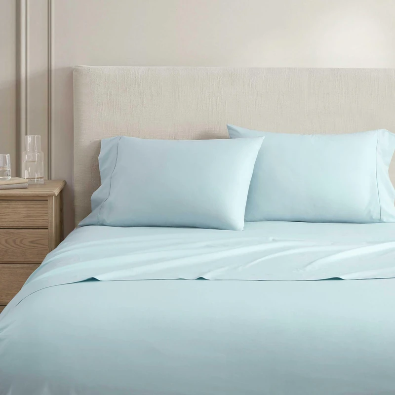 Martha Stewart - Queen Size Sheets Set, Crisp & Tailored Cooling Sheets w/a Naturally Smooth Cotton Percale Lightweight Feel - Matching Pillowcases & Fitted Sheet (Skylands Solid Blue)