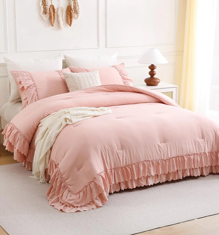 Herside Pink Ruffle Comforter Set King Size,Shabby Chic Boho Bedding Sets, Soft Fluffy Comforters Sets for All Season,Vintage Ruffled 3 Pcs Microfiber Lightweight Quilt Set for Women Girls