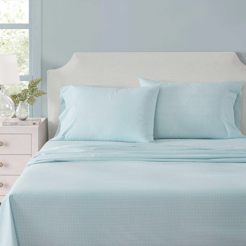 Martha Stewart - Twin Size Sheets Set, Crisp & Tailored Cooling Sheets w/a Naturally Smooth Cotton Percale Lightweight Feel - Bed Sheets with Matching Pillowcase & Fitted Sheet (Small Gingham Blue)