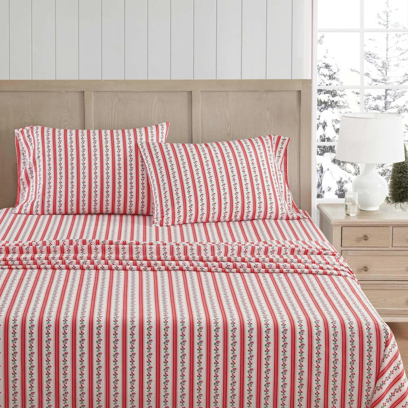 Martha Stewart - Full Size Sheets Set, Crisp & Tailored Cooling Sheets w/a Naturally Smooth Cotton Percale Lightweight Feel - Bed Sheets with Matching Pillowcases & Fitted Sheet (Rose Ribbon Red)