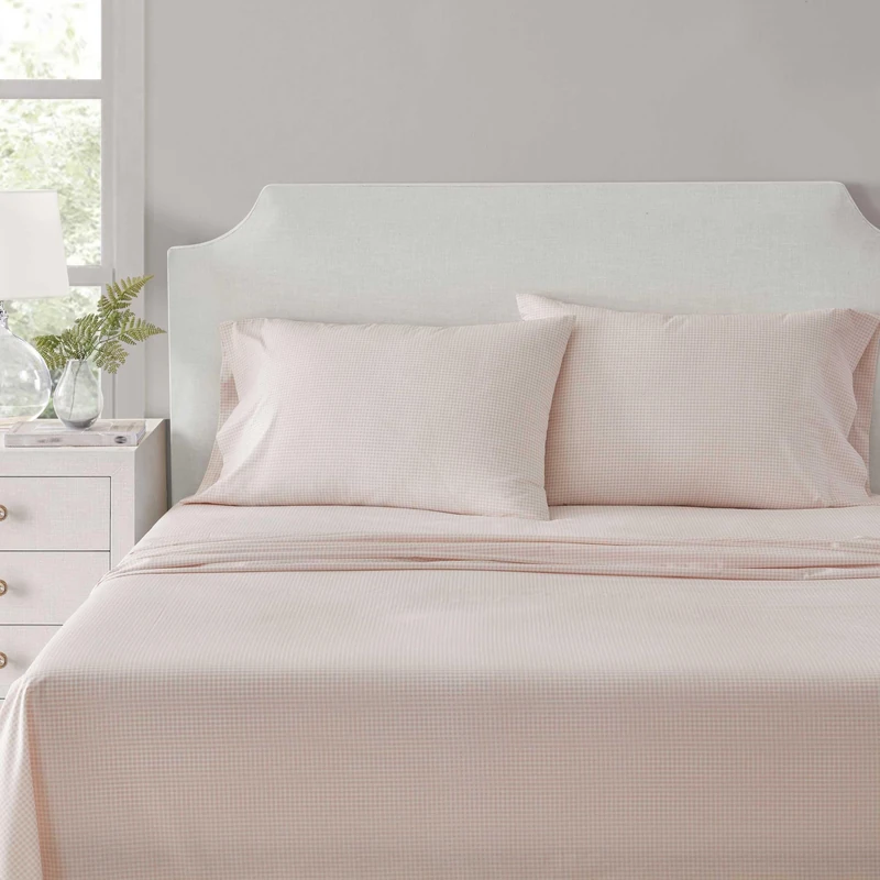 Martha Stewart - Full Size Sheets Set, Crisp & Tailored Cooling Sheets w/a Naturally Smooth Cotton Percale Lightweight Feel - Bed Sheets with Matching Pillowcases & Fitted Sheet (Small Gingham Pink)