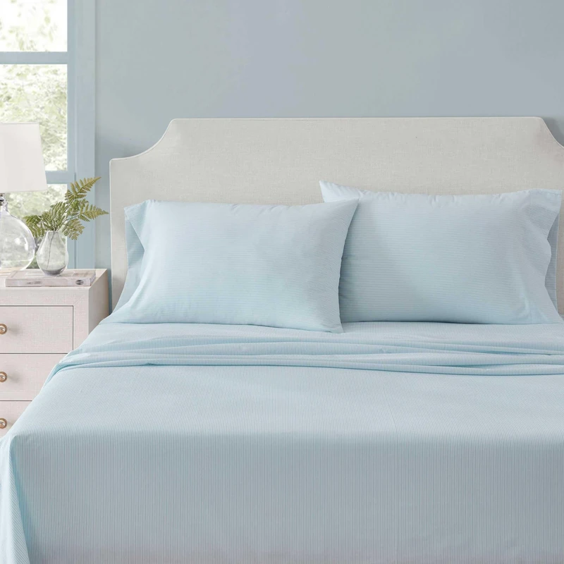 Martha Stewart - Queen Size Sheets Set, Crisp & Tailored Cooling Sheets w/a Naturally Smooth Cotton Percale Lightweight Feel - Bed Sheets with Matching Pillowcases & Fitted Sheet (Stripe Blue)