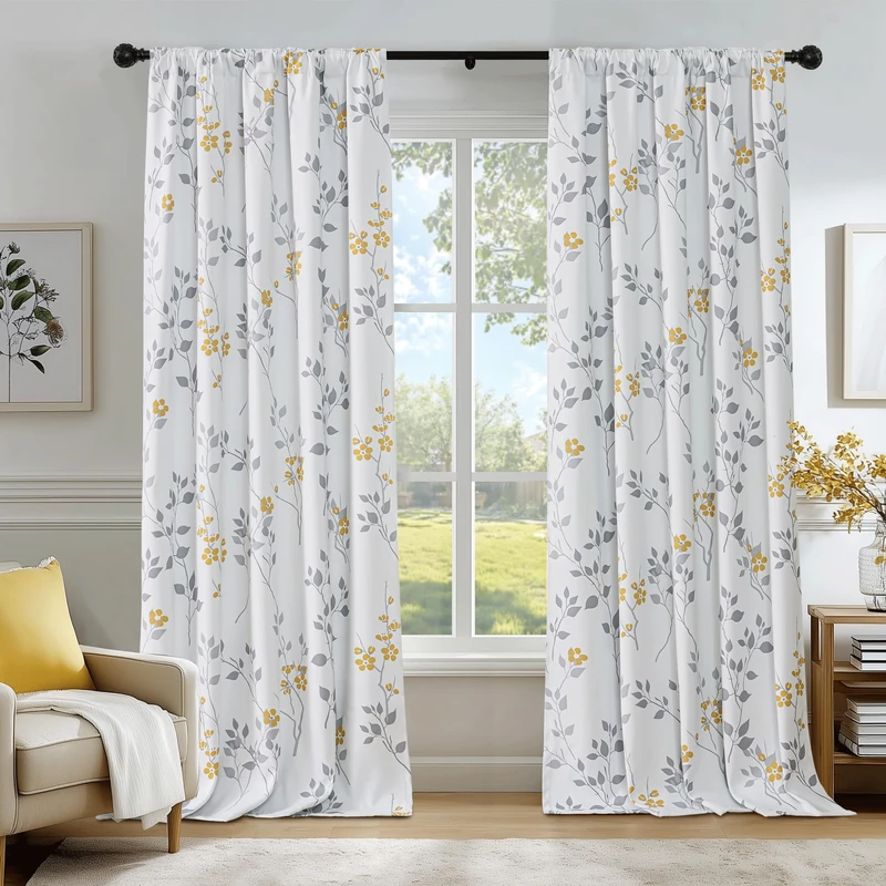Beauoop Floral 100% Blackout Curtains Bedroom Yellow Grey 52X84 2 Panels
